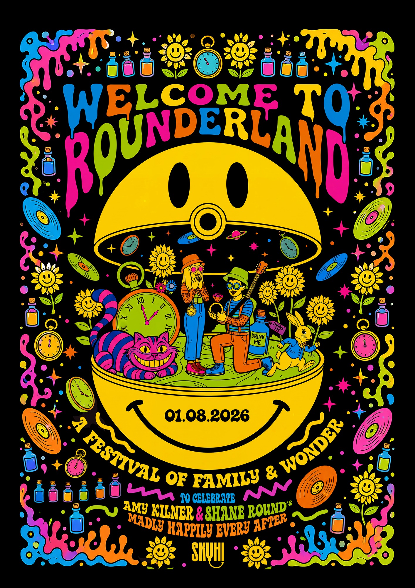The original Rounderland poster: bright colours, smiling sunflowers, records and Wonderland characters around a yellow smiley.